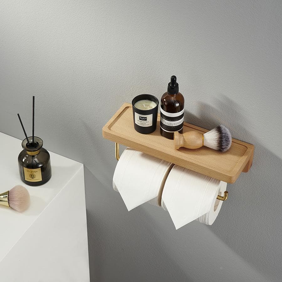 トイレットペーパーホルダー 木製棚付き二連ペーパーホルダー