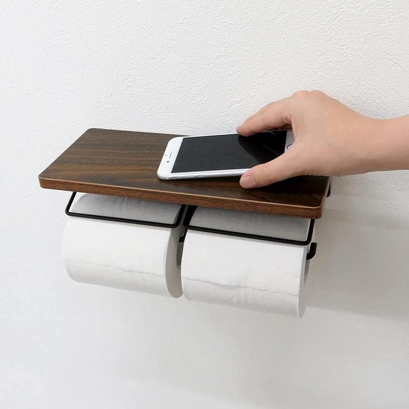 トイレットペーパーホルダー 木目調棚付き二連トイレットペーパーホルダー