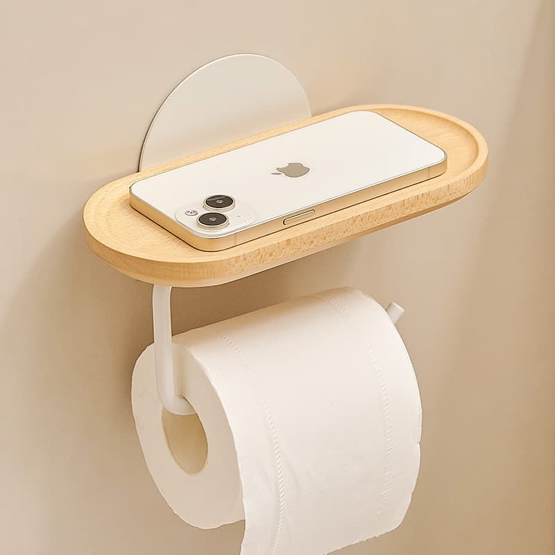 トイレットペーパーホルダー 木製棚付きトイレットペーパーホルダー