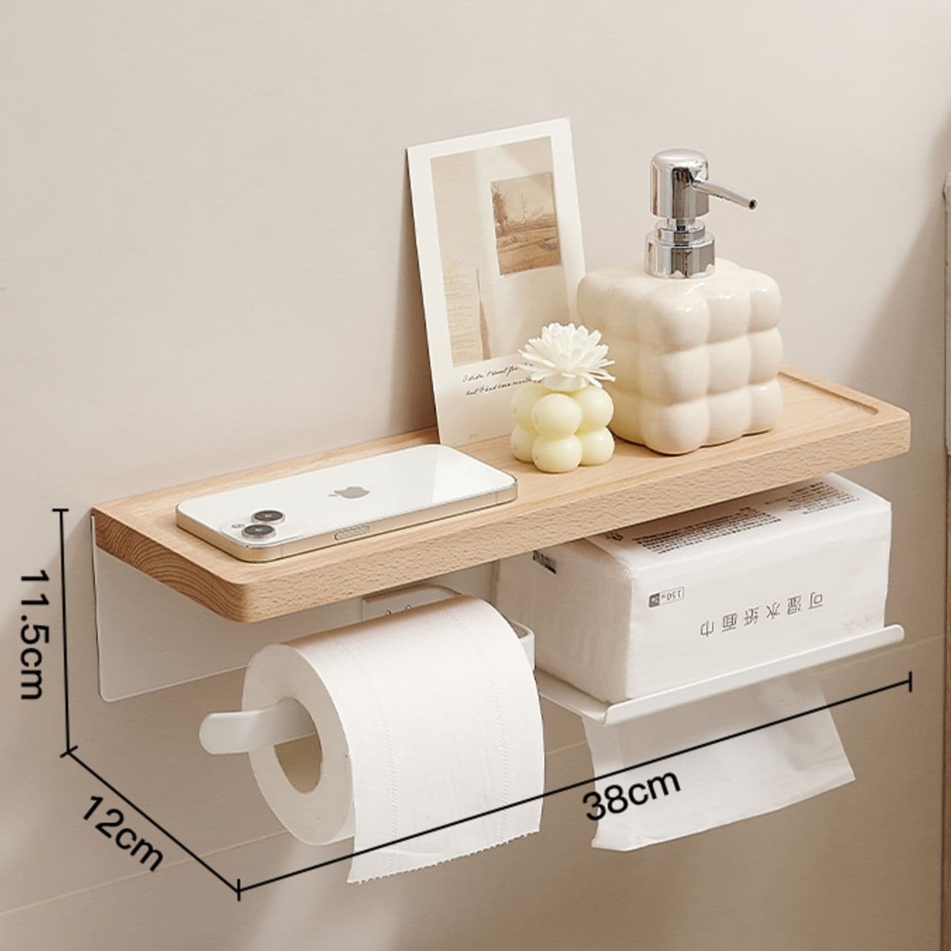 トイレットペーパーホルダー 木目調棚付き二連ホルダー