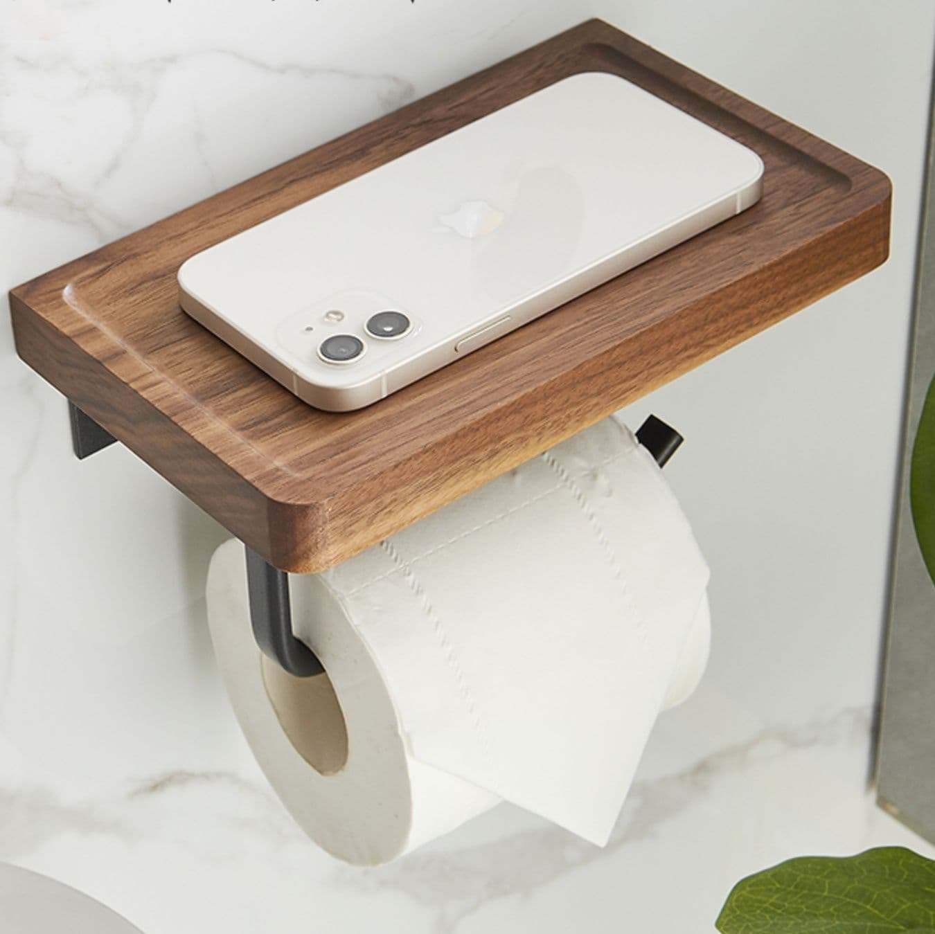 トイレットペーパーホルダー 天然木製スマホ置き付きペーパーホルダー