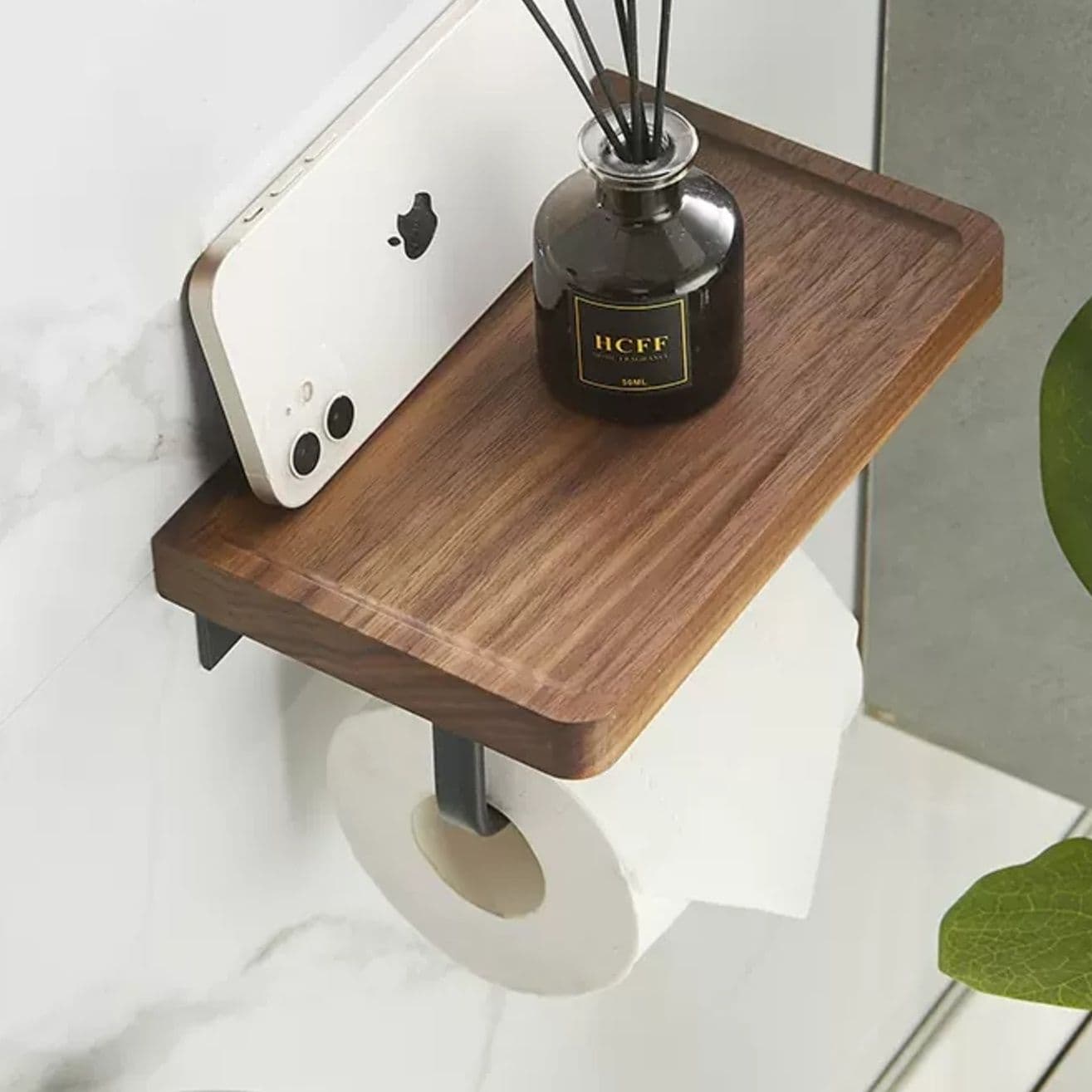 トイレットペーパーホルダー 天然木製スマホ置き付きペーパーホルダー