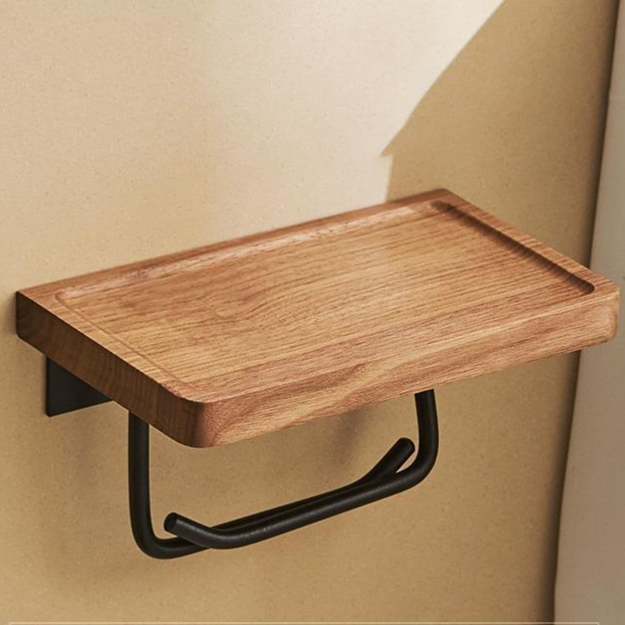 トイレットペーパーホルダー 天然木製スマホ置き付きペーパーホルダー