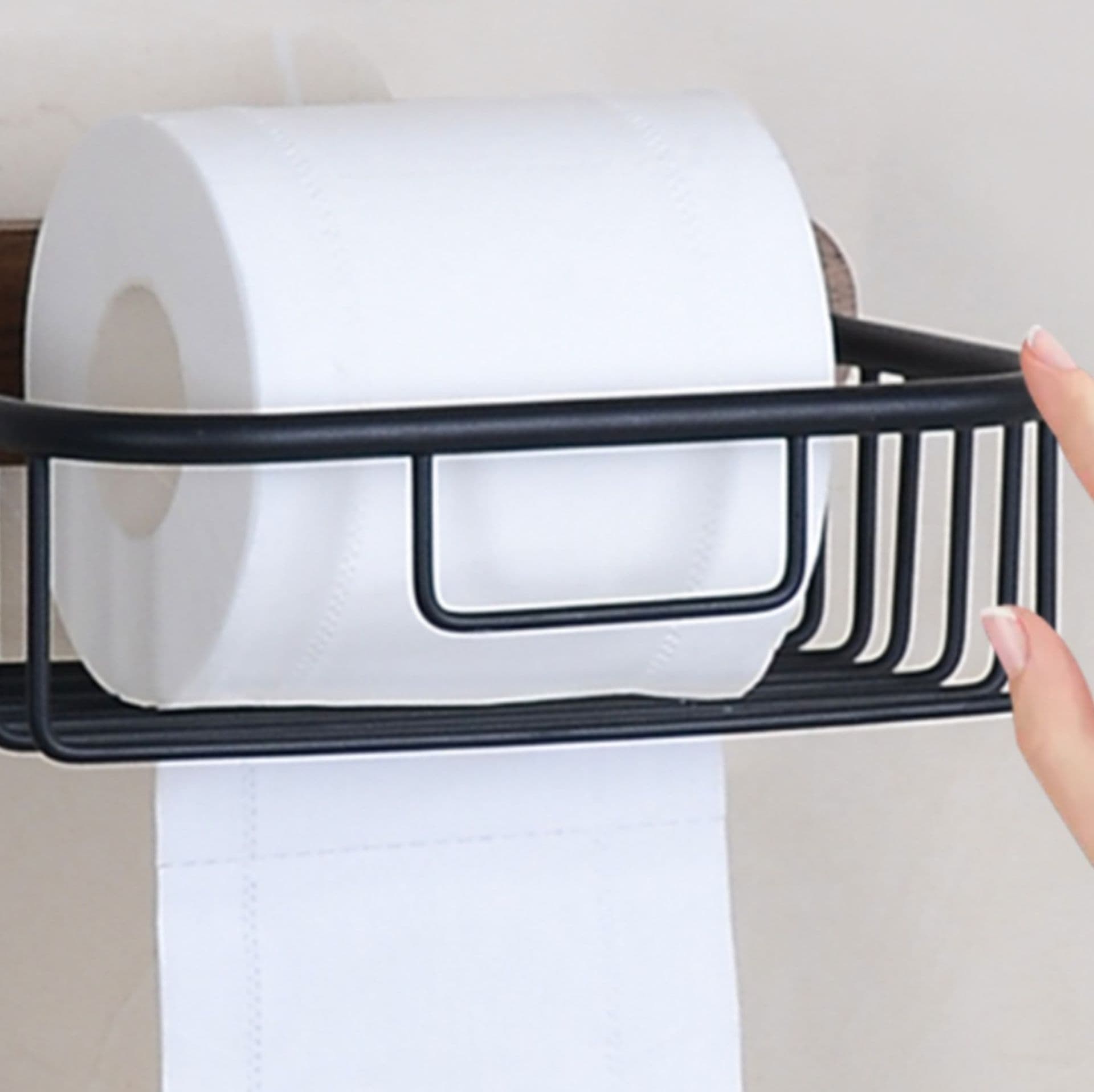 トイレットペーパーホルダー 木目調アイアン収納付きペーパーホルダー