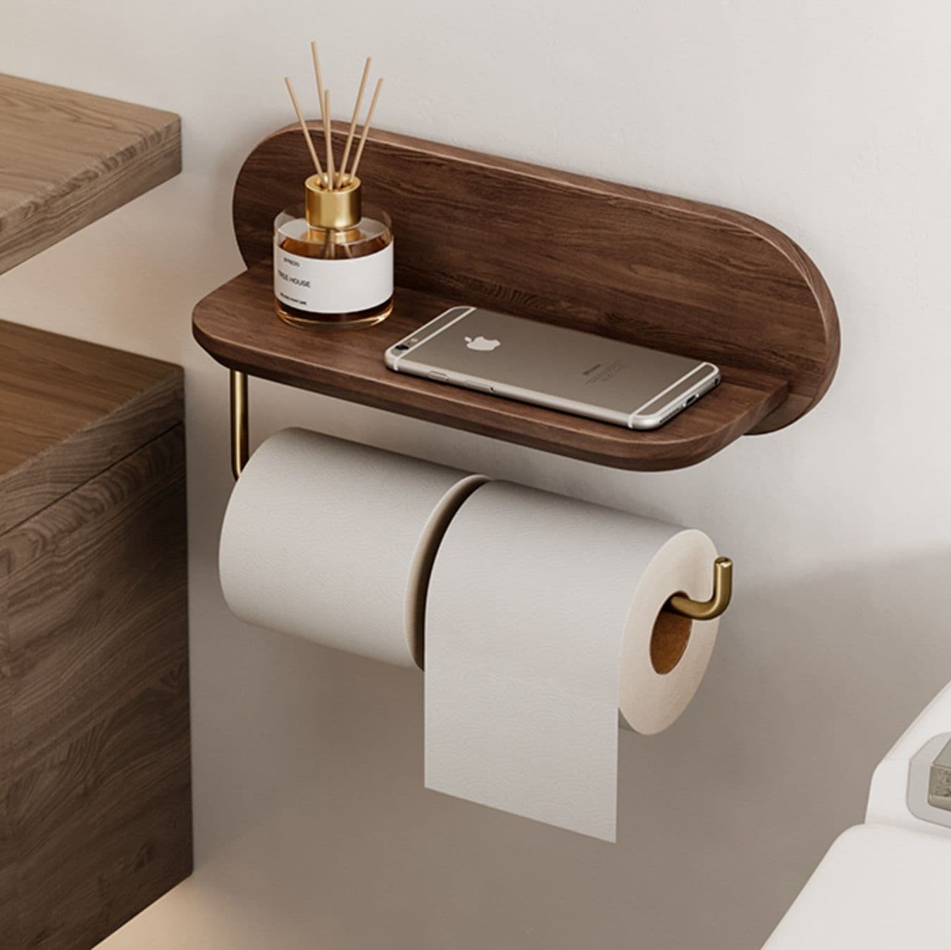 トイレットペーパーホルダー 天然木製多機能ペーパーホルダー棚