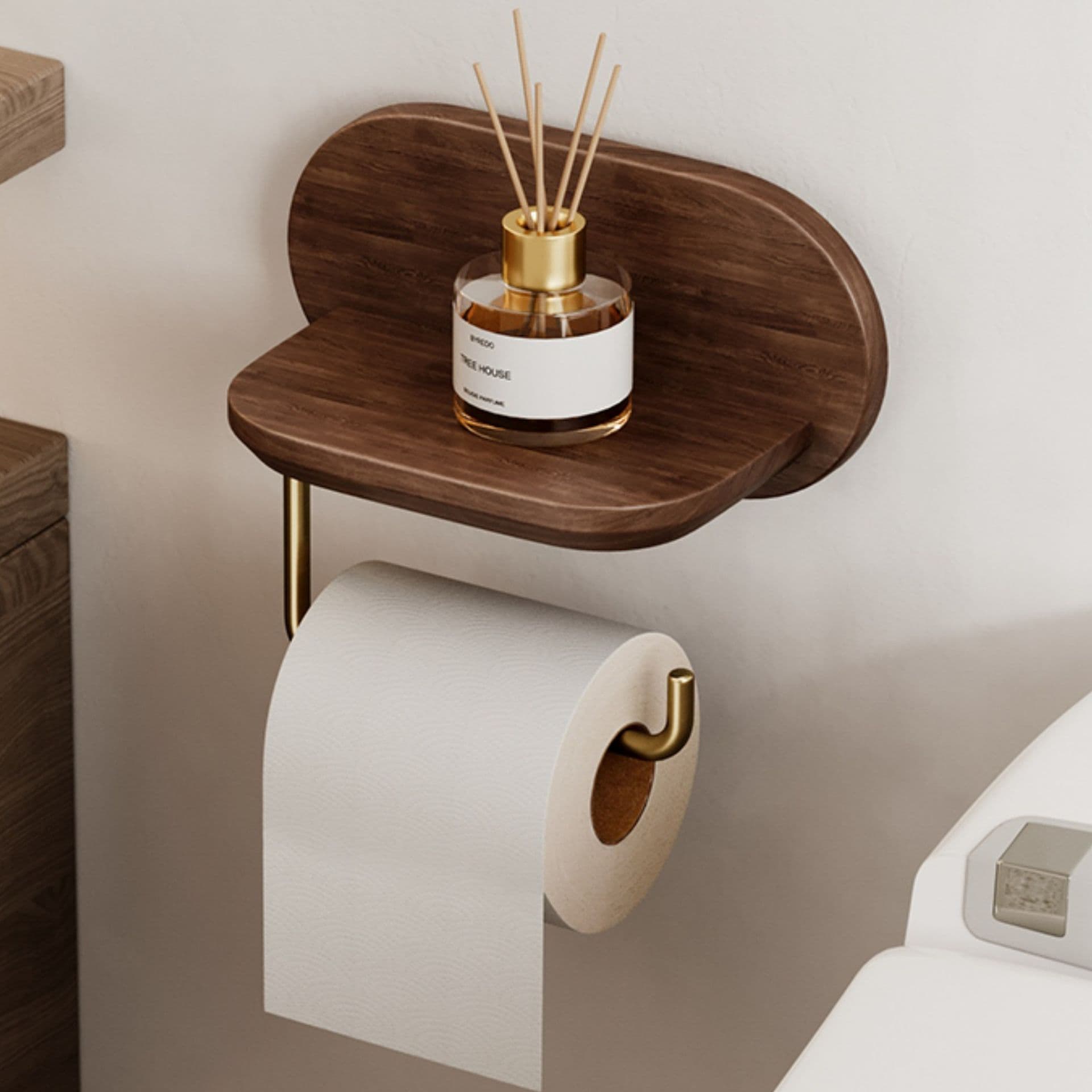 トイレットペーパーホルダー 天然木製多機能ペーパーホルダー棚