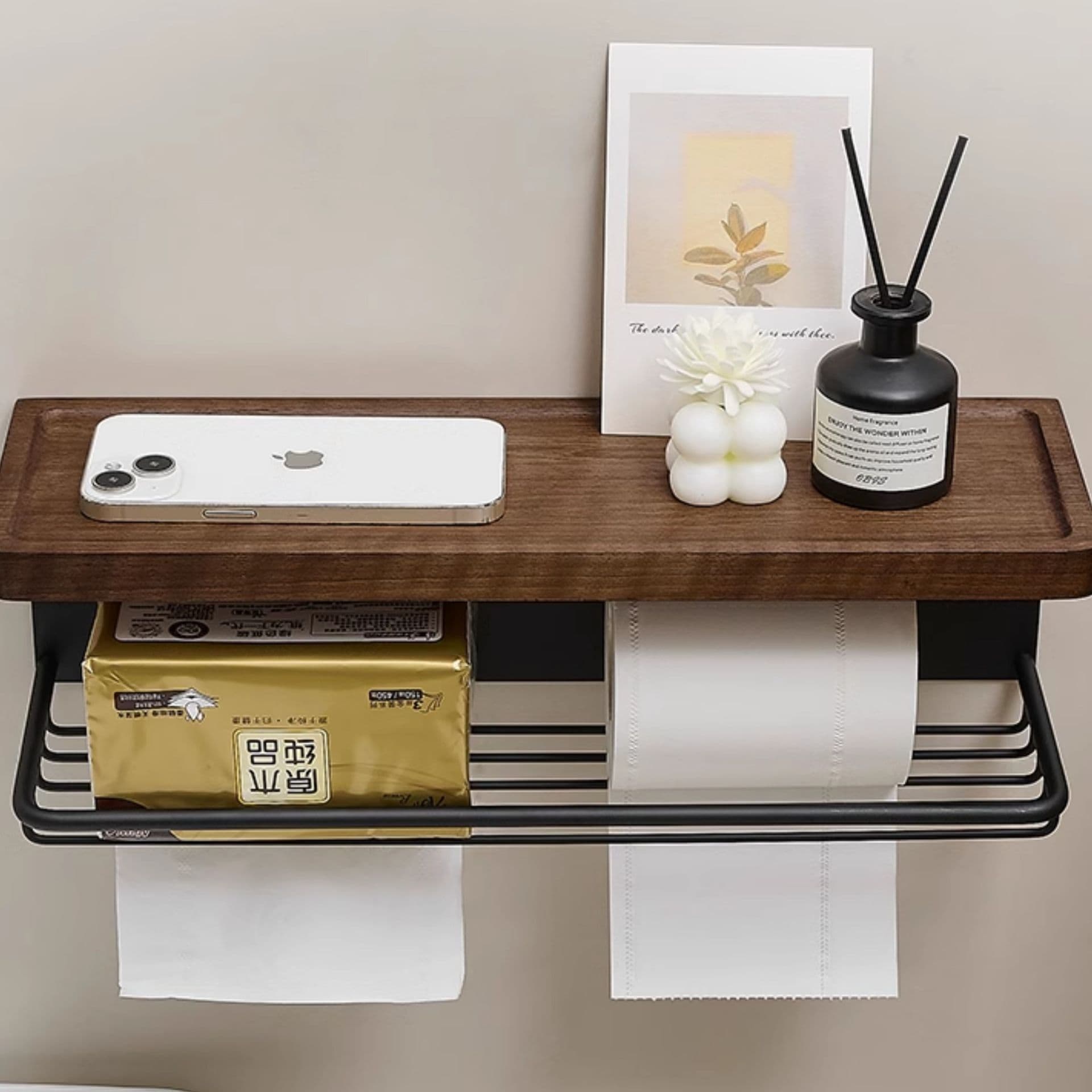 トイレットペーパーホルダー 木目調マルチ収納トイレットペーパーホルダー