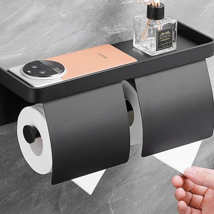トイレットペーパーホルダー モダン収納棚付き二連ホルダー