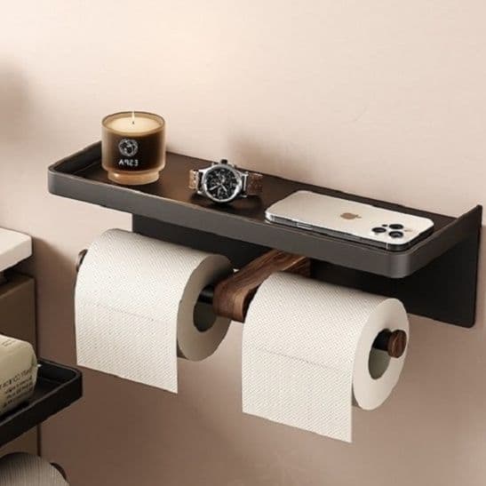 トイレットペーパーホルダー 多機能収納棚付き二連ホルダー