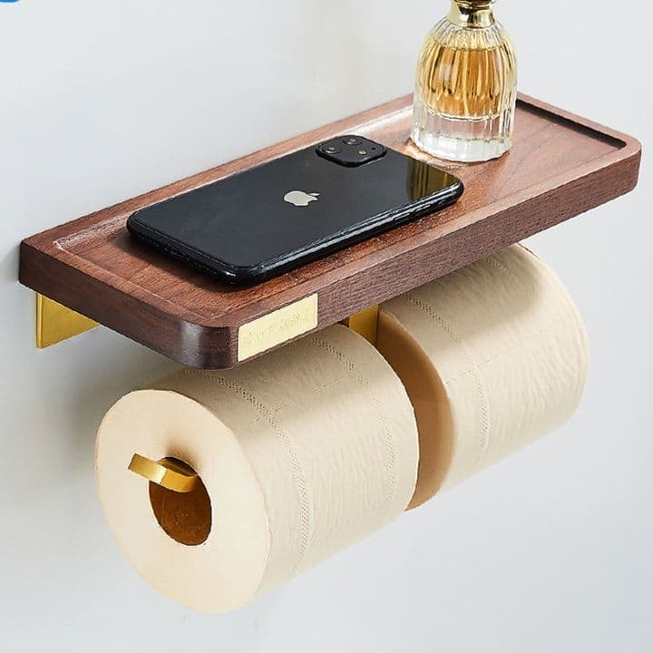 トイレットペーパーホルダー 木製棚付き二連トイレットペーパーホルダー