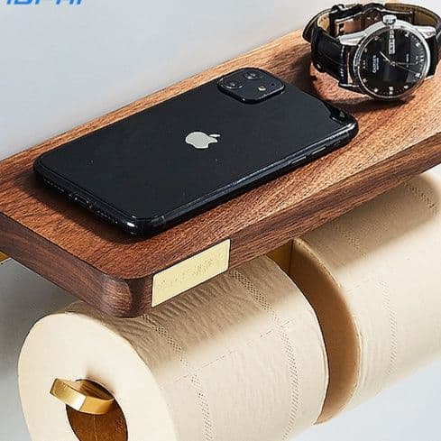 トイレットペーパーホルダー 木製棚付き二連トイレットペーパーホルダー