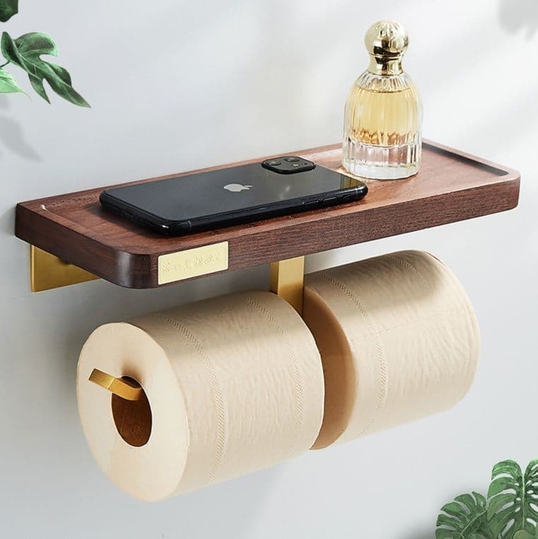 トイレットペーパーホルダー 木製棚付き二連トイレットペーパーホルダー