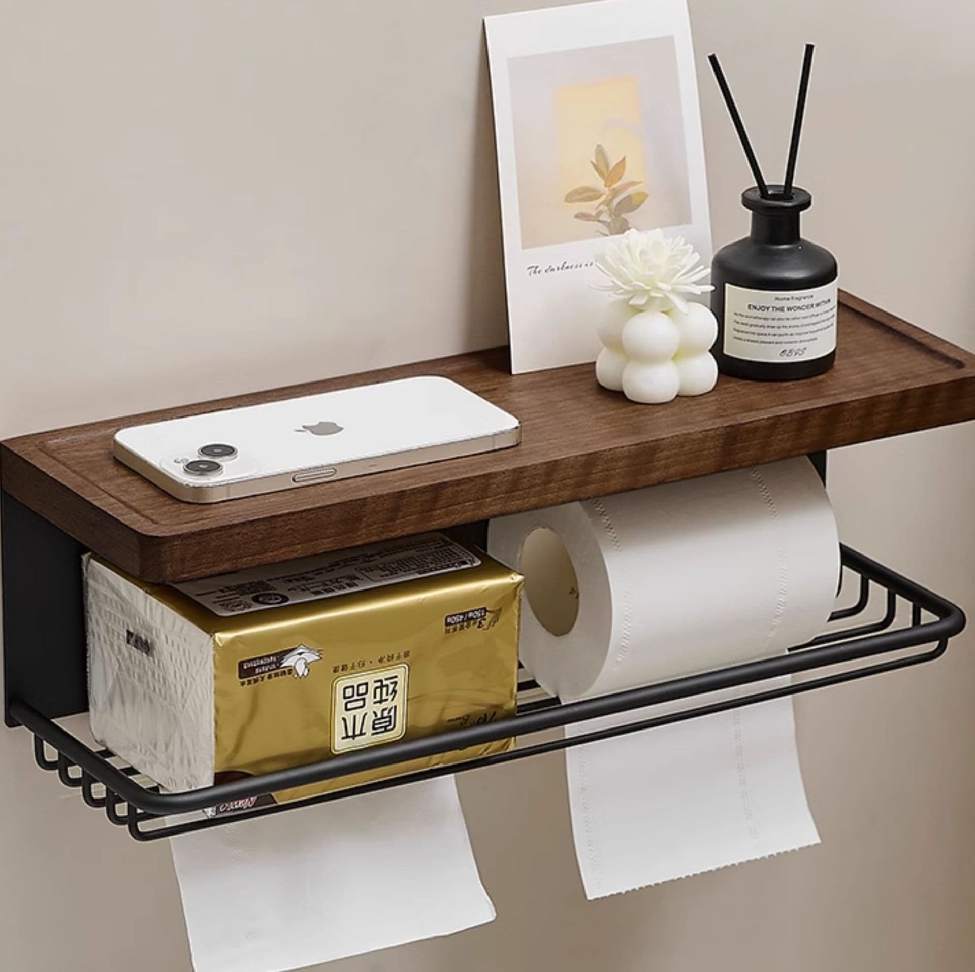 トイレットペーパーホルダー 木目調マルチ収納トイレットペーパーホルダー