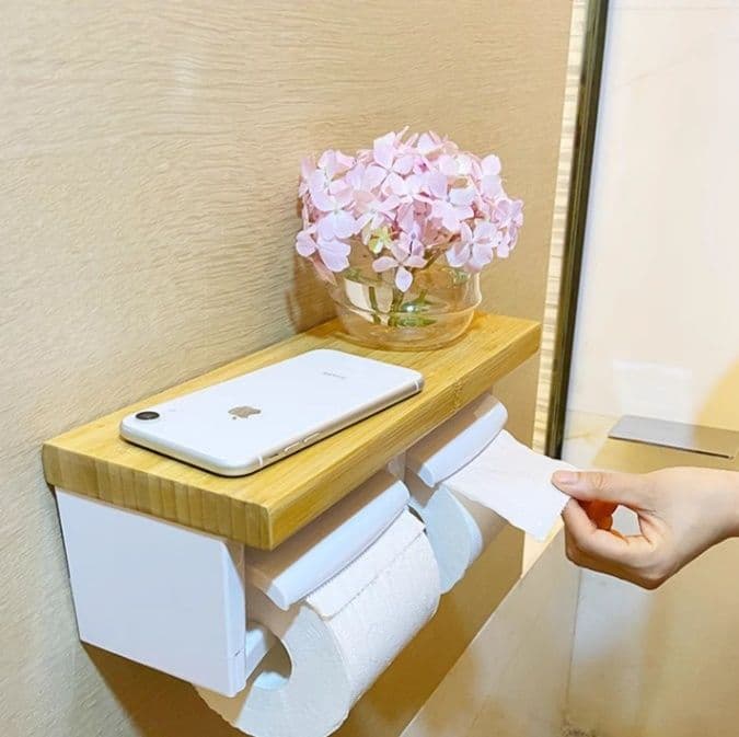 トイレットペーパーホルダー 木目調棚付き二連ホルダー