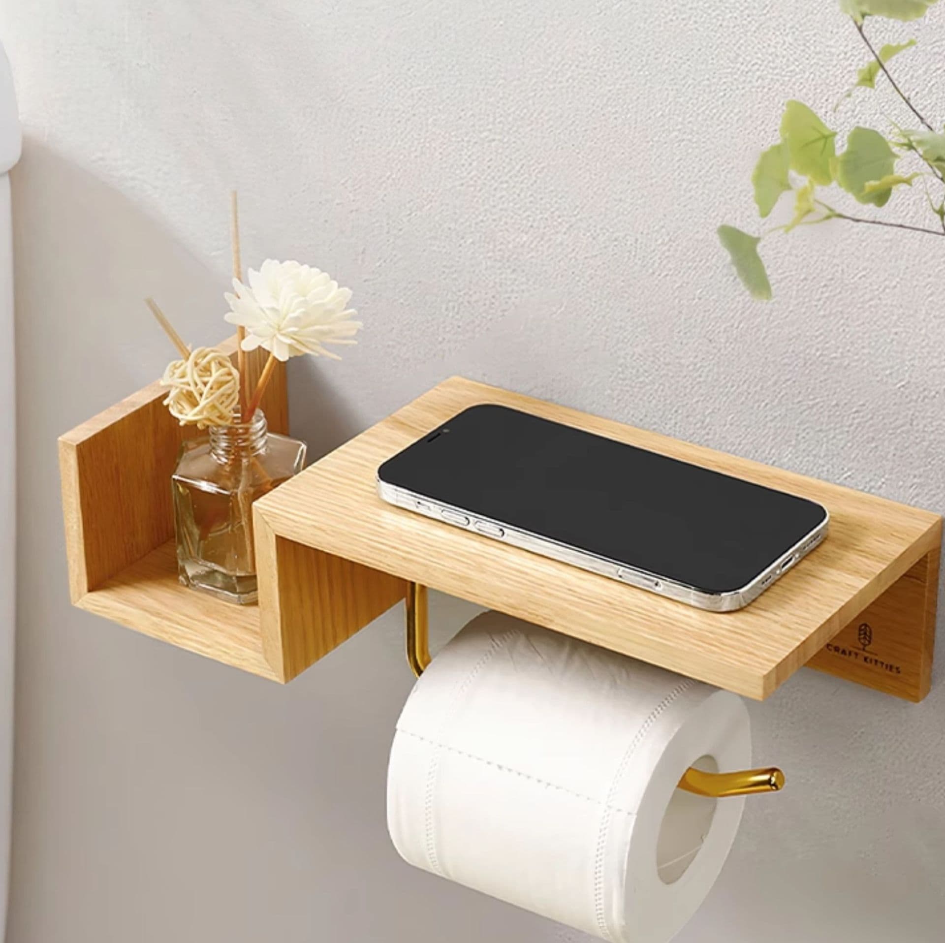 トイレットペーパーホルダー 天然木の多機能ペーパーホルダー棚