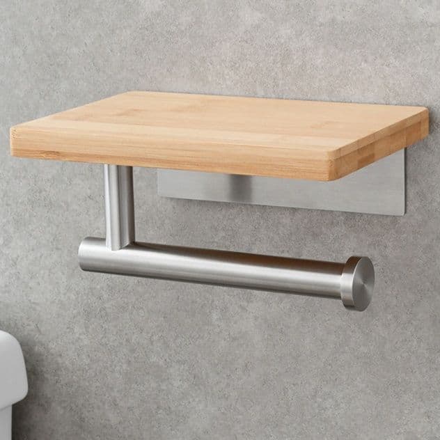 トイレットペーパーホルダー 天然木の便利棚付きペーパーホルダー