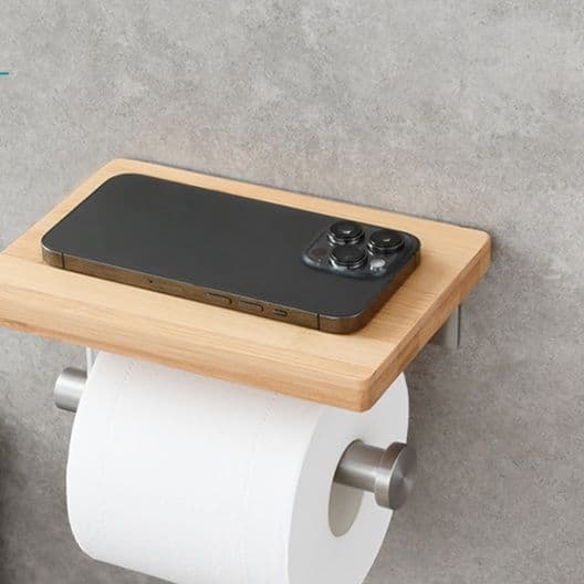 トイレットペーパーホルダー 天然木の便利棚付きペーパーホルダー