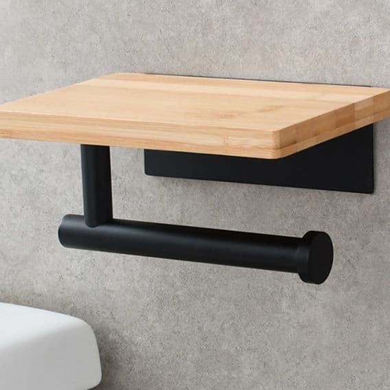 トイレットペーパーホルダー 天然木の便利棚付きペーパーホルダー