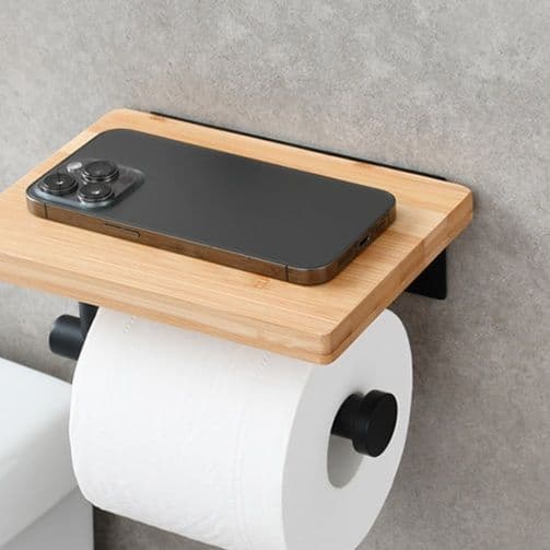 トイレットペーパーホルダー 天然木の便利棚付きペーパーホルダー