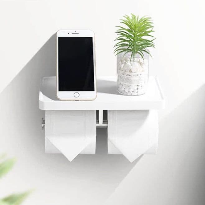 トイレットペーパーホルダー 多機能収納棚付き壁掛け式2連ペーパーホルダー