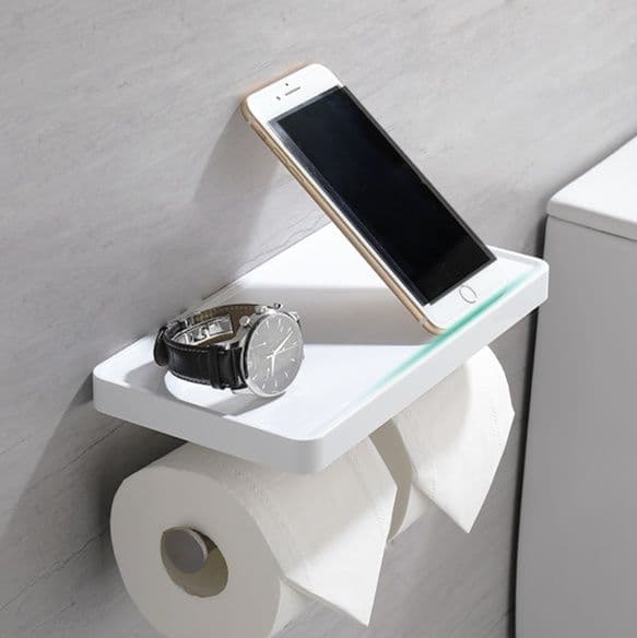 トイレットペーパーホルダー 多機能収納棚付き壁掛け式2連ペーパーホルダー