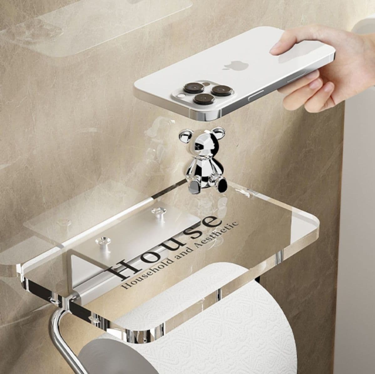 トイレットペーパーホルダー 透明収納棚付きトイレットペーパーホルダー