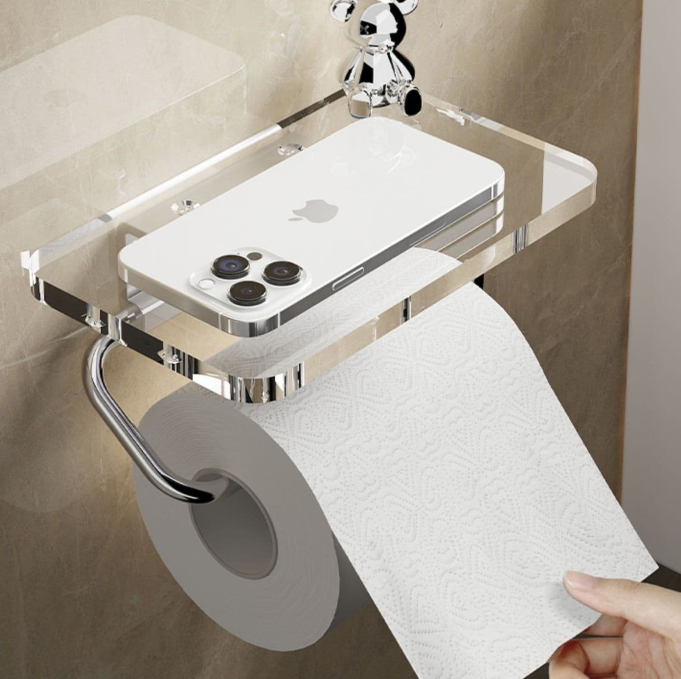 トイレットペーパーホルダー 透明収納棚付きトイレットペーパーホルダー