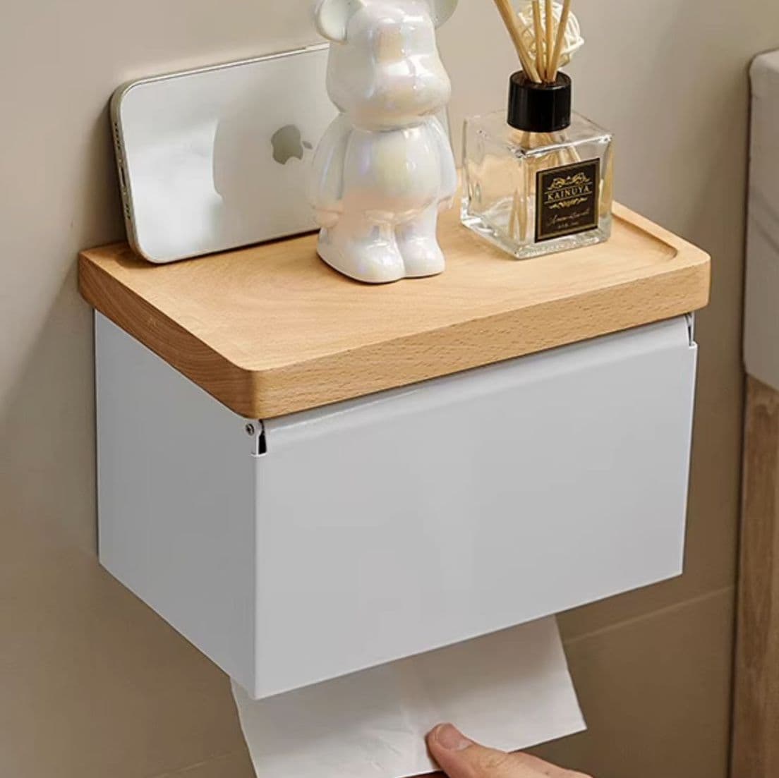 トイレットペーパーホルダー 壁掛け木製天板付きトイレットペーパーホルダー