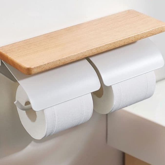 トイレットペーパーホルダー 木製棚付き壁掛け式トイレットペーパーホルダー