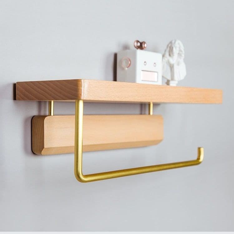 トイレットペーパーホルダー 天然木製二段棚付き　棚