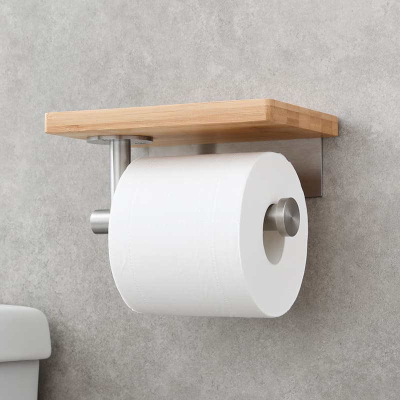 トイレットペーパーホルダー 天然木の便利棚付きペーパーホルダー