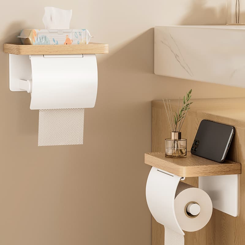 トイレットペーパーホルダー 木目棚付きトイレットペーパーホルダー