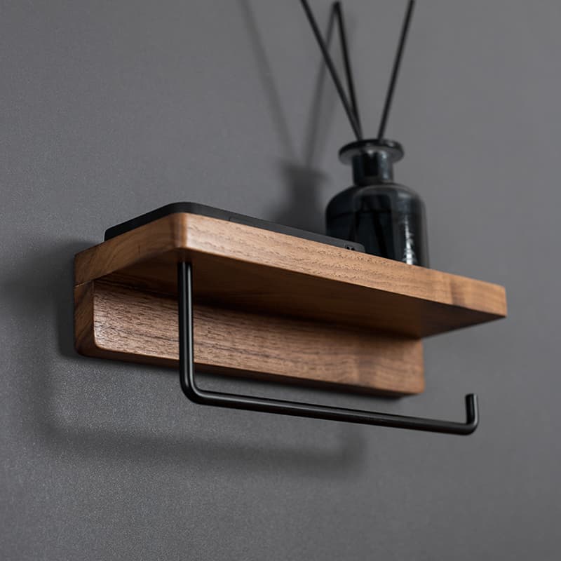 トイレットペーパーホルダー 木製収納棚付き壁掛け式多機能2連ホルダー