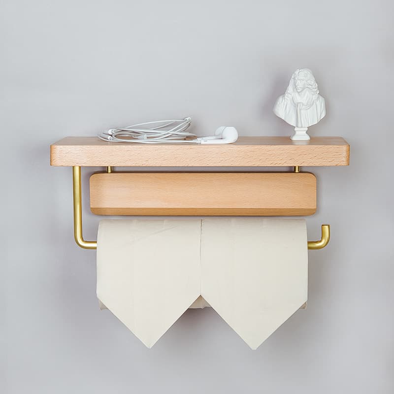 トイレットペーパーホルダー 天然木製二段棚付き　棚