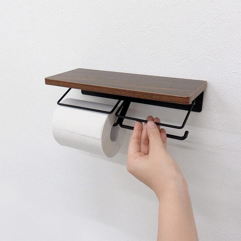 トイレットペーパーホルダー 木目調棚付き二連トイレットペーパーホルダー