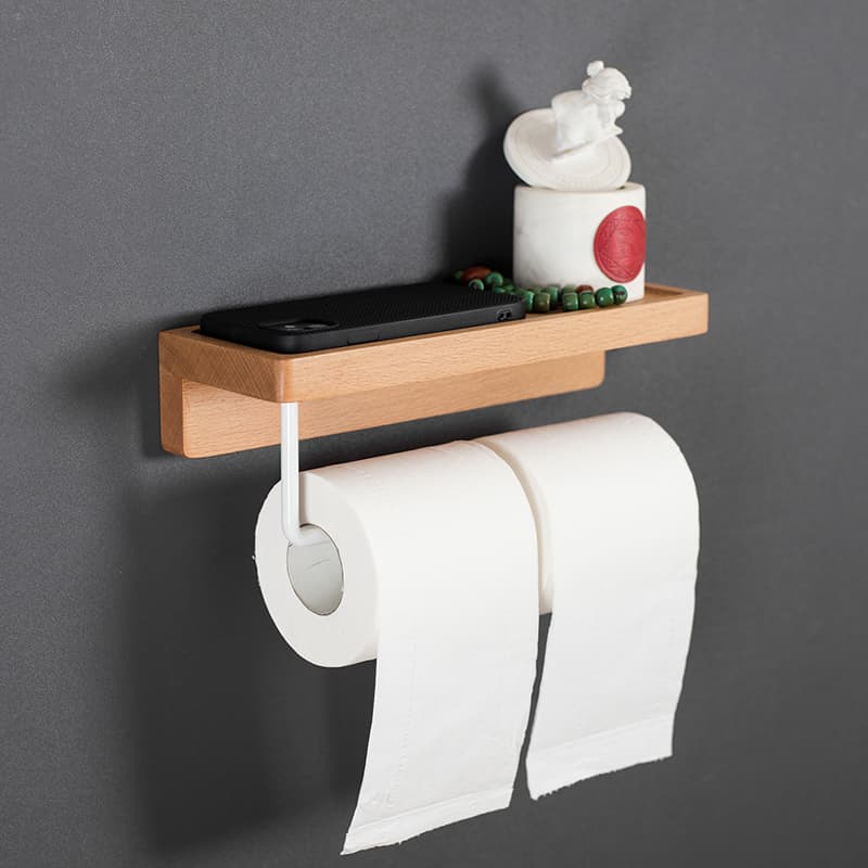 トイレットペーパーホルダー 木製収納棚付き壁掛け式多機能2連ホルダー
