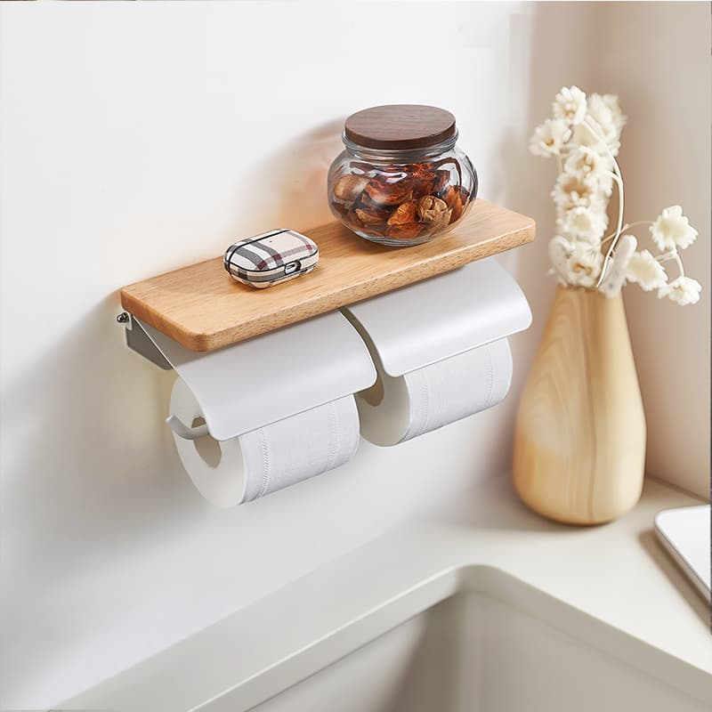 トイレットペーパーホルダー 木製棚付き壁掛け式トイレットペーパーホルダー