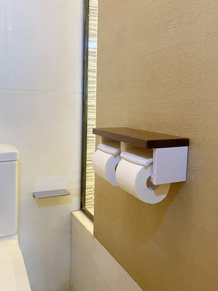 トイレットペーパーホルダー 木目調棚付き二連ホルダー