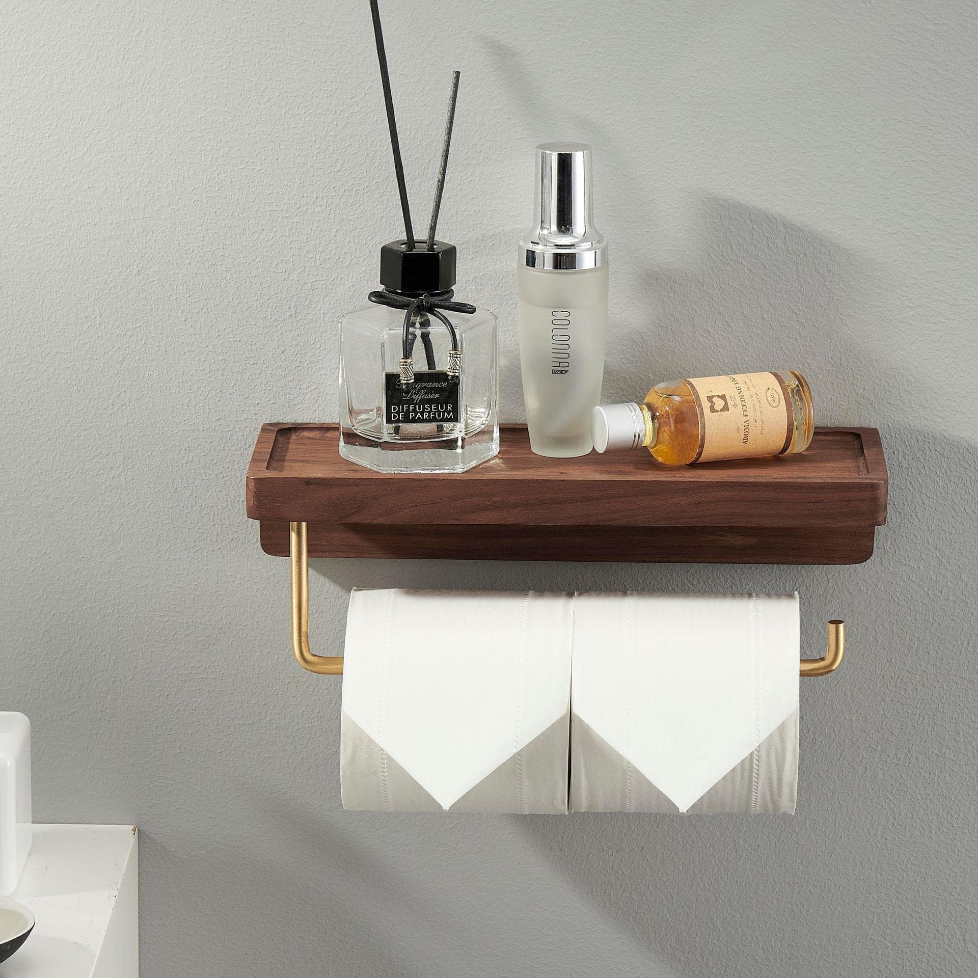 トイレットペーパーホルダー 木製棚付き二連ペーパーホルダー