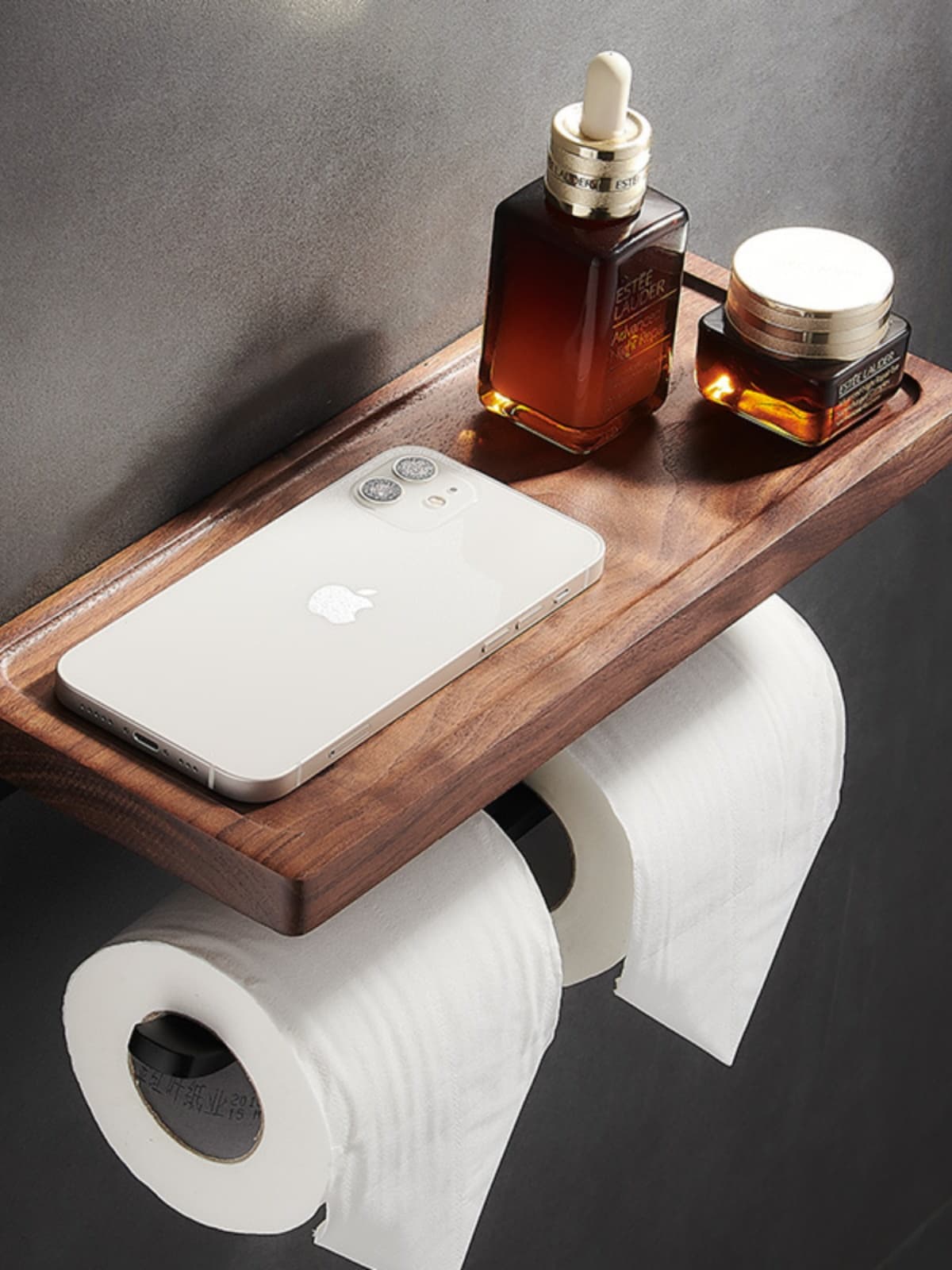 トイレットペーパーホルダー 木製棚付き二連ホルダー
