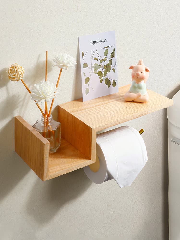 トイレットペーパーホルダー 天然木の多機能ペーパーホルダー棚
