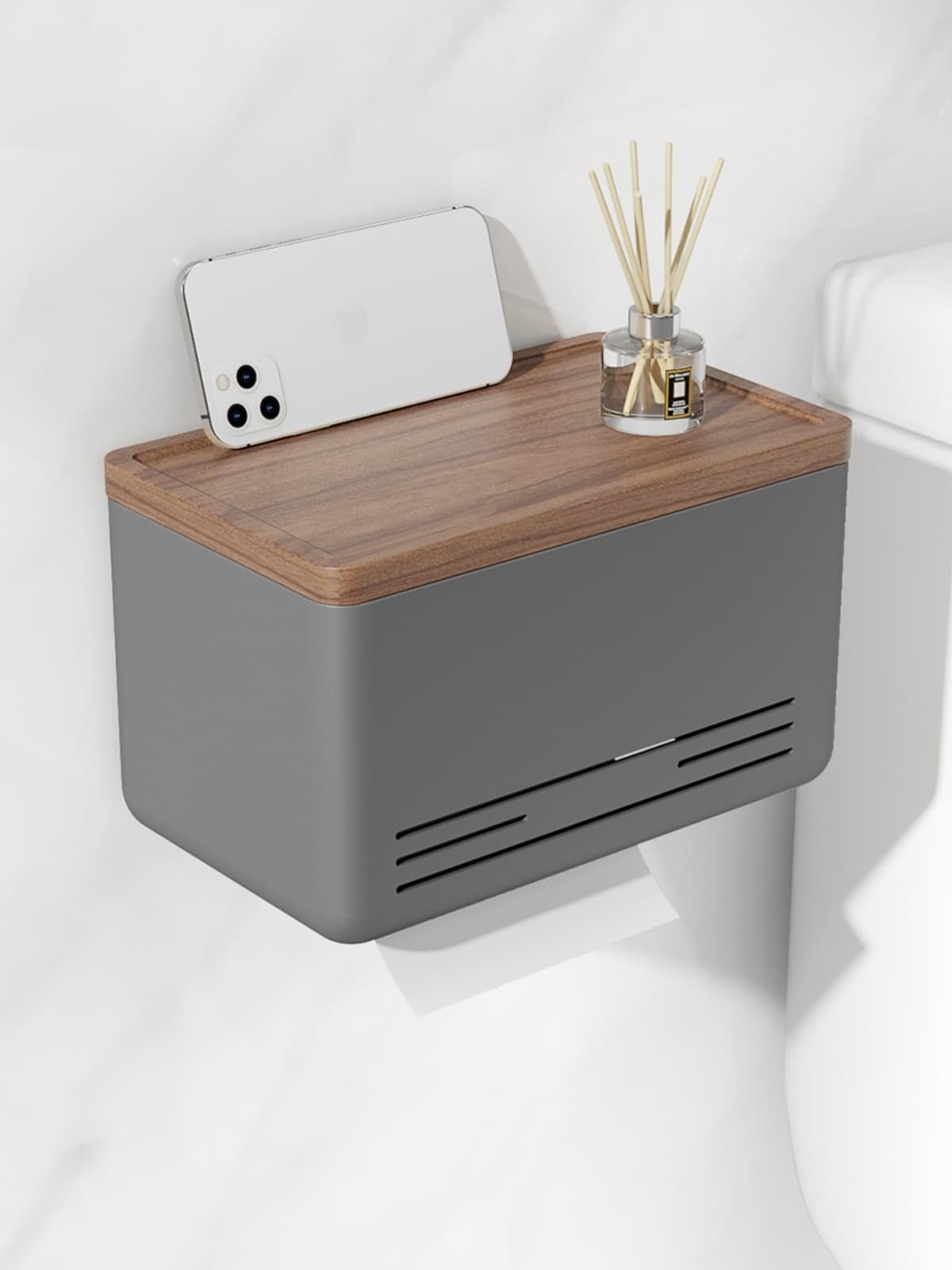 トイレットペーパーホルダー 木目調収納付きペーパーホルダー