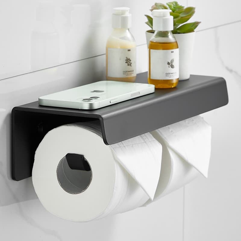 トイレットペーパーホルダー スマホ・小物置き対応棚付き2連ペーパーホルダー