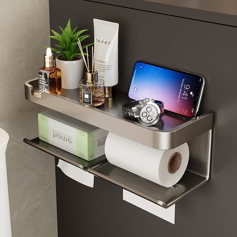 トイレットペーパーホルダー 多機能壁掛け収納棚付きトイレットペーパーホルダー