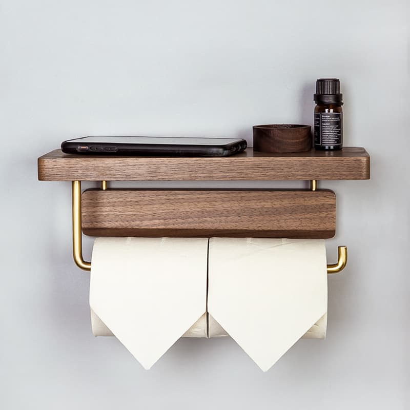 トイレットペーパーホルダー 天然木製二段棚付き　棚