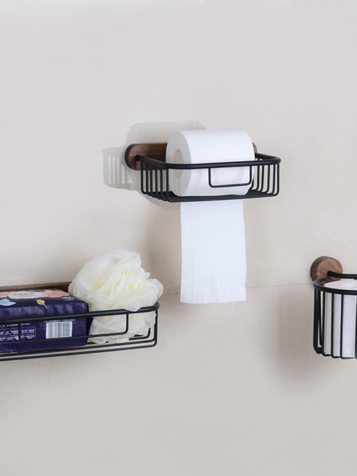 トイレットペーパーホルダー 木目調アイアン収納付きペーパーホルダー