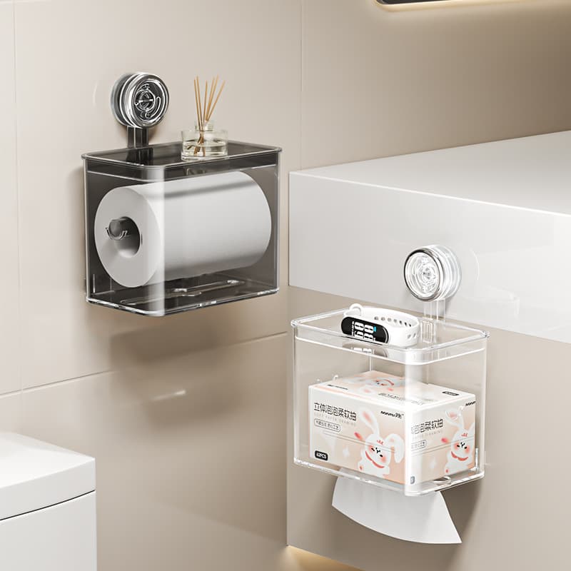 トイレットペーパーホルダー 透明収納付き吸盤式トイレットペーパーホルダー