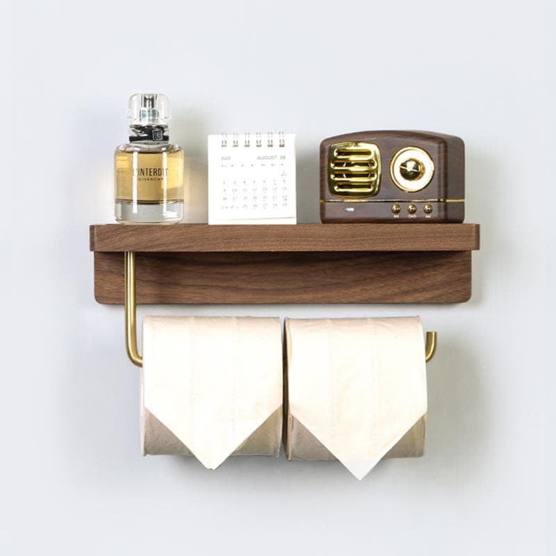 トイレットペーパーホルダー 木製棚付き二連トイレットペーパーホルダー
