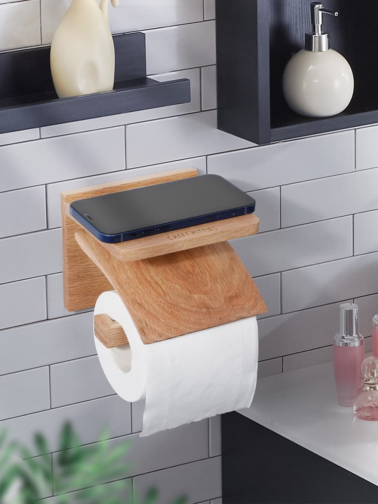 トイレットペーパーホルダー 木目調多機能ペーパーホルダー棚