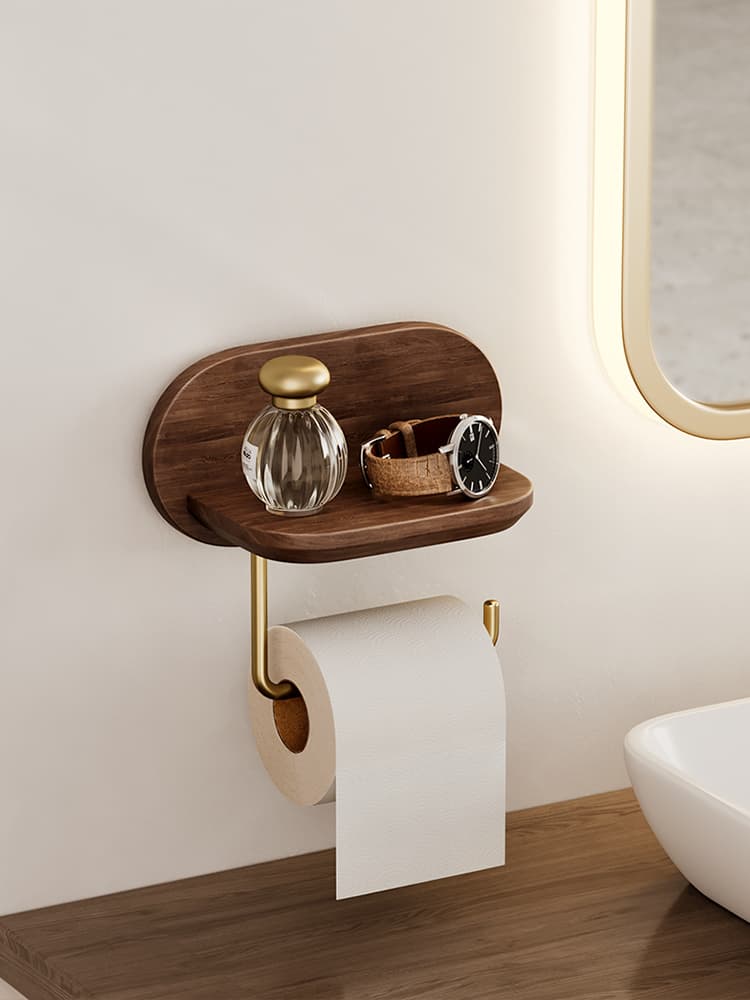トイレットペーパーホルダー 天然木製多機能ペーパーホルダー棚